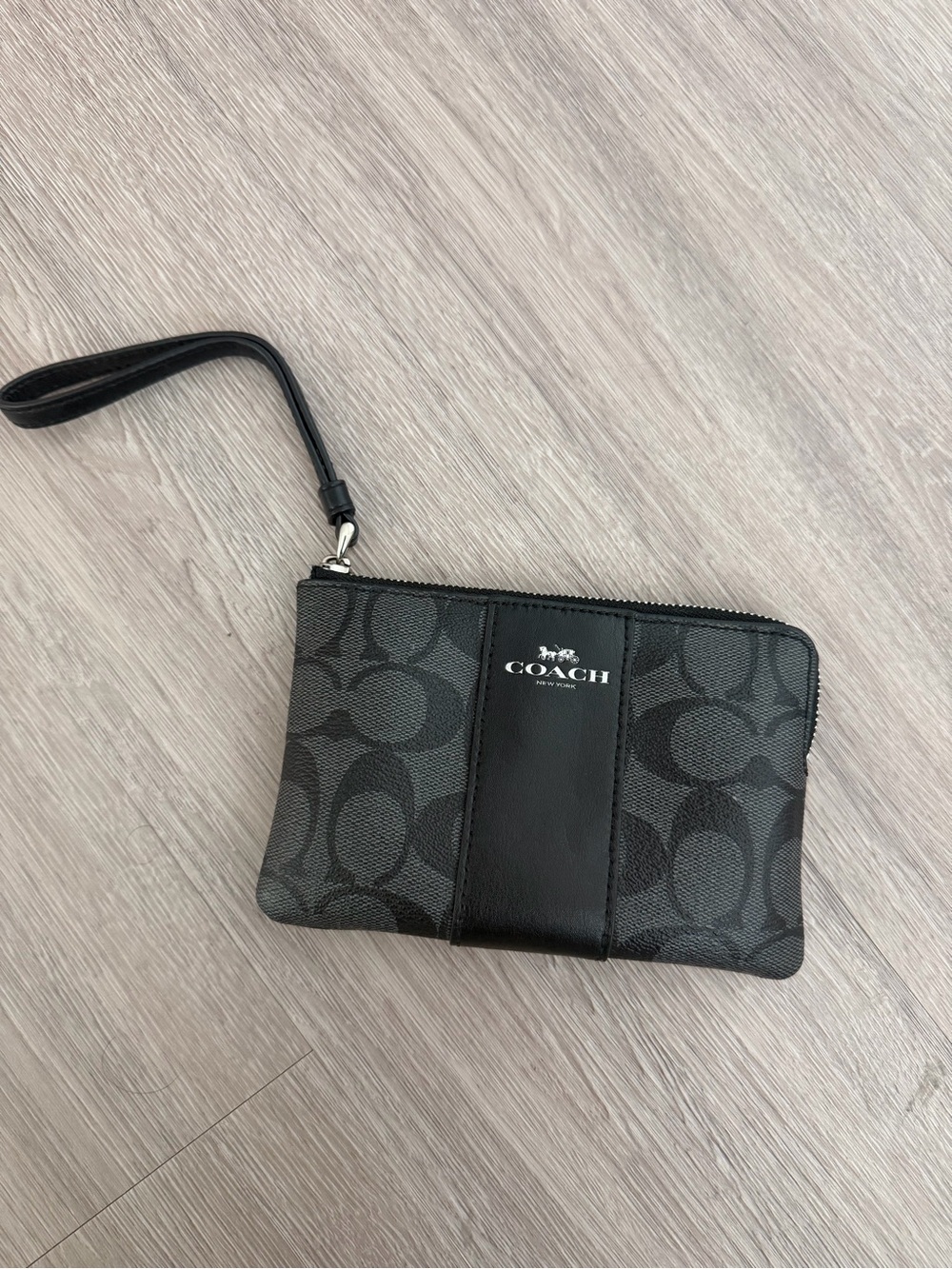 Coach Black Signature C Canvas Wristlet with Leather Trim